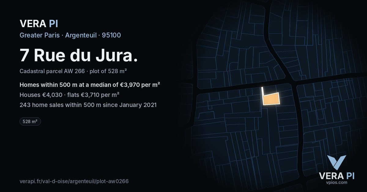 7 Rue du Jura, Argenteuil at night – the plot lit, the parcels around coloured by the prices near them