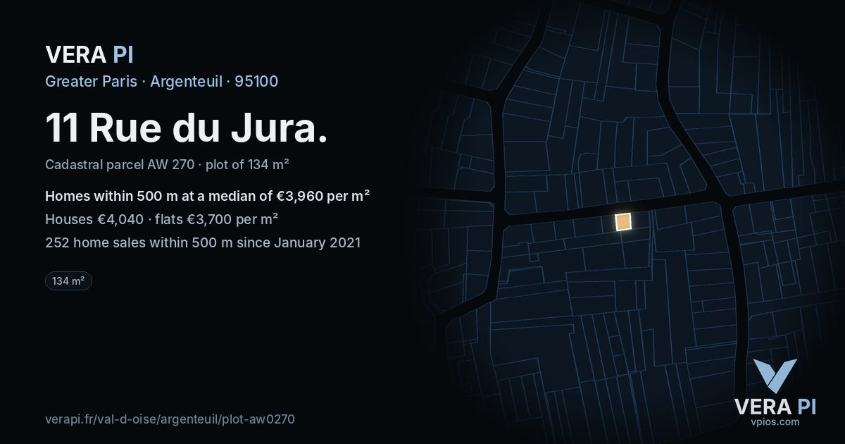 11 Rue du Jura, Argenteuil at night – the plot lit, the parcels around coloured by the prices near them
