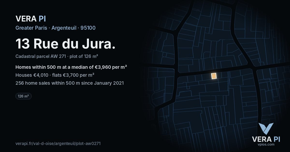 13 Rue du Jura, Argenteuil at night – the plot lit, the parcels around coloured by the prices near them