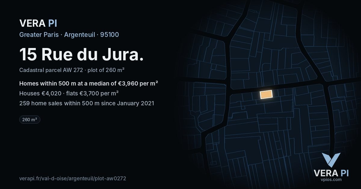 15 Rue du Jura, Argenteuil at night – the plot lit, the parcels around coloured by the prices near them