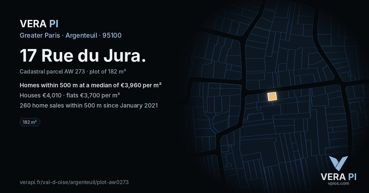 17 Rue du Jura, Argenteuil at night – the plot lit, the parcels around coloured by the prices near them
