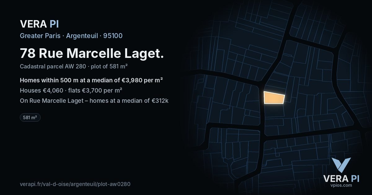78 Rue Marcelle Laget, Argenteuil at night – the plot lit, the parcels around coloured by the prices near them