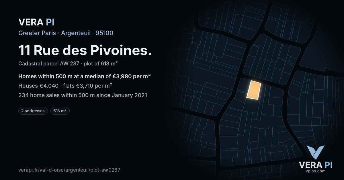 11 Rue des Pivoines, Argenteuil at night – the plot lit, the parcels around coloured by the prices near them