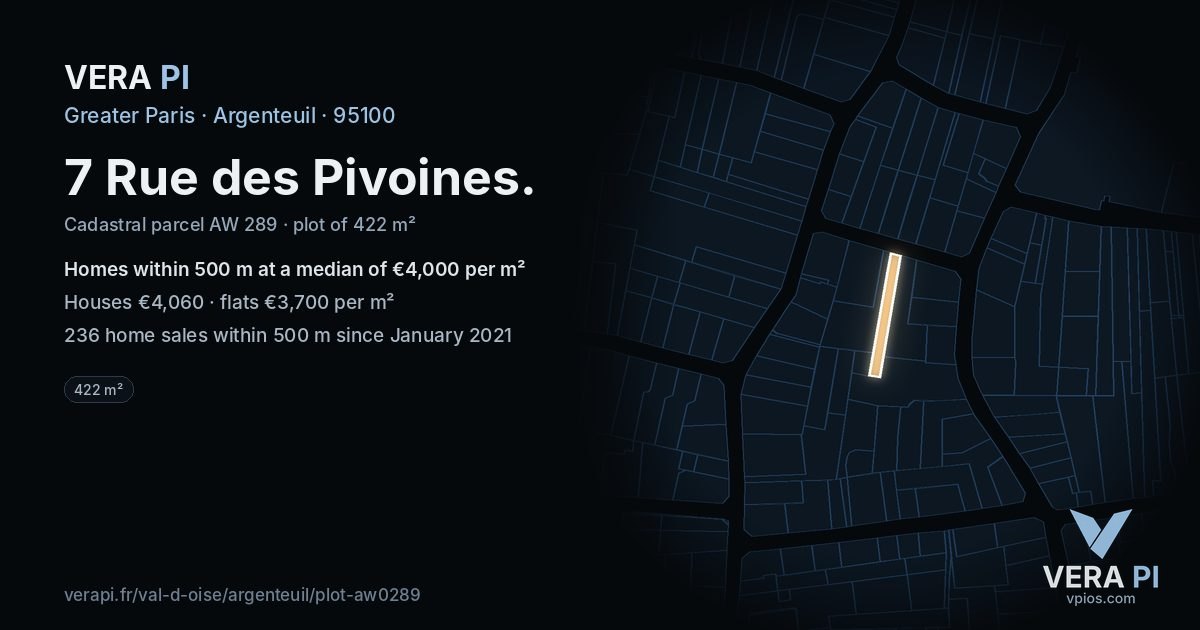 7 Rue des Pivoines, Argenteuil at night – the plot lit, the parcels around coloured by the prices near them