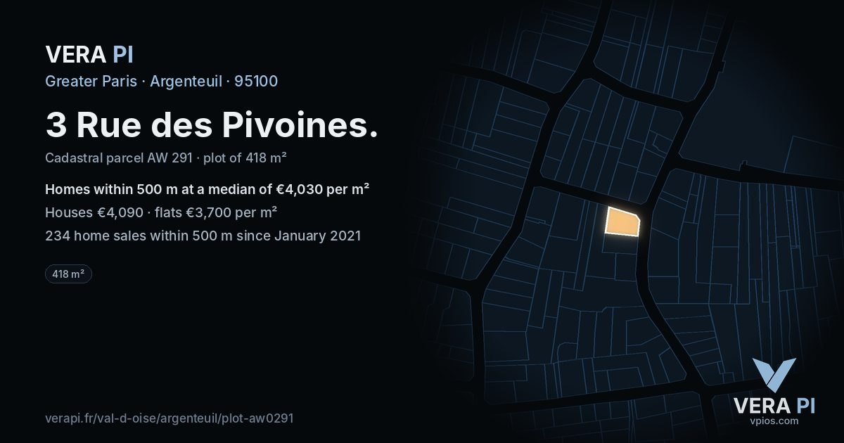 3 Rue des Pivoines, Argenteuil at night – the plot lit, the parcels around coloured by the prices near them