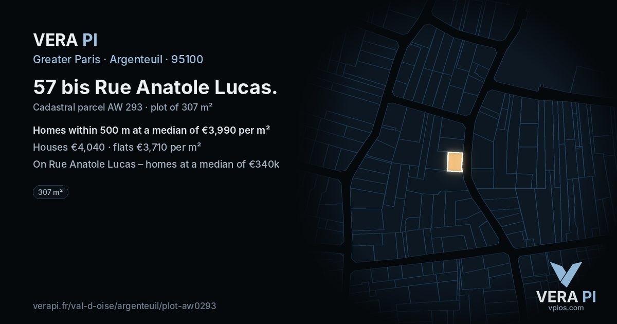 57 bis Rue Anatole Lucas, Argenteuil at night – the plot lit, the parcels around coloured by the prices near them