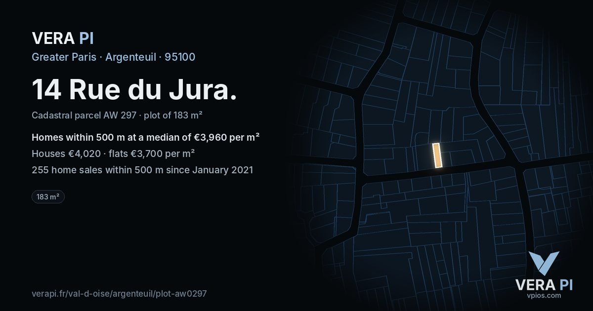14 Rue du Jura, Argenteuil at night – the plot lit, the parcels around coloured by the prices near them