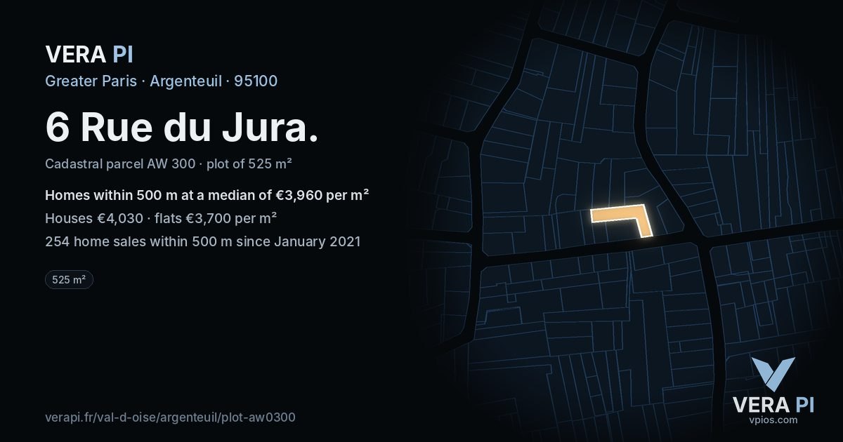 6 Rue du Jura, Argenteuil at night – the plot lit, the parcels around coloured by the prices near them