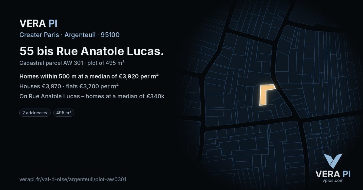 55 bis Rue Anatole Lucas, Argenteuil at night – the plot lit, the parcels around coloured by the prices near them