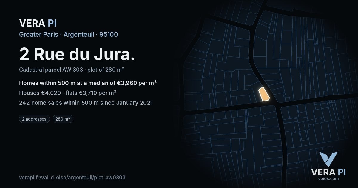 2 Rue du Jura, Argenteuil at night – the plot lit, the parcels around coloured by the prices near them