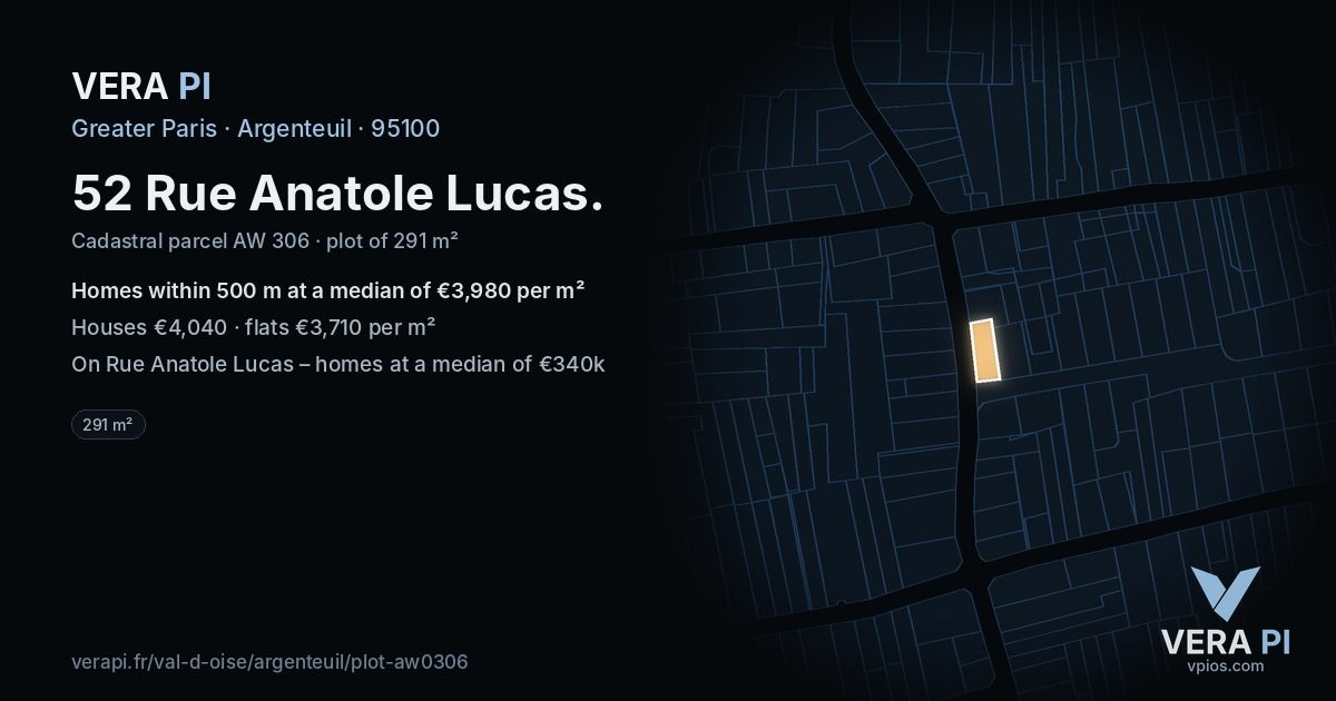 52 Rue Anatole Lucas, Argenteuil at night – the plot lit, the parcels around coloured by the prices near them