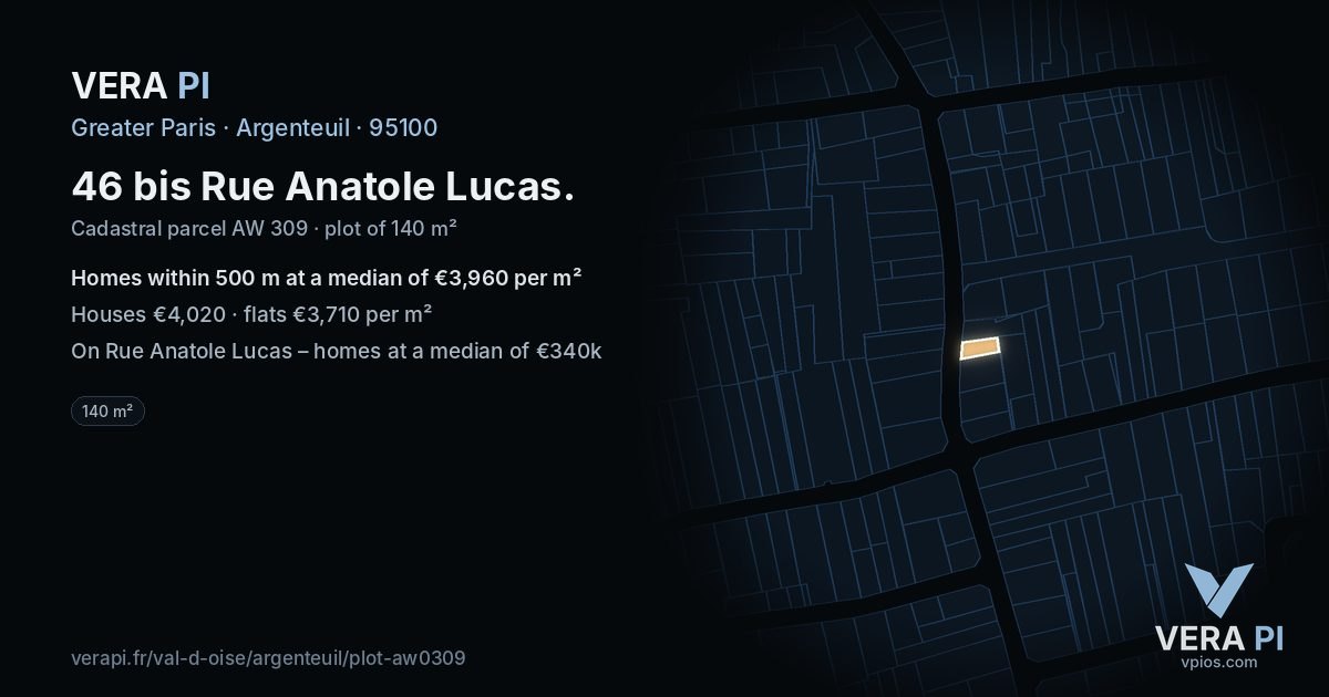 46 bis Rue Anatole Lucas, Argenteuil at night – the plot lit, the parcels around coloured by the prices near them