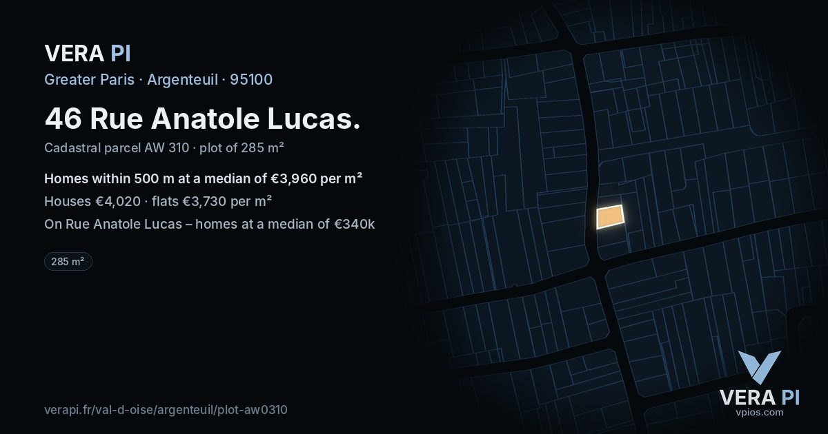 46 Rue Anatole Lucas, Argenteuil at night – the plot lit, the parcels around coloured by the prices near them