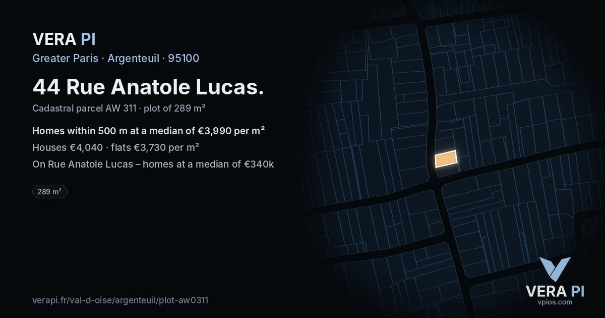 44 Rue Anatole Lucas, Argenteuil at night – the plot lit, the parcels around coloured by the prices near them