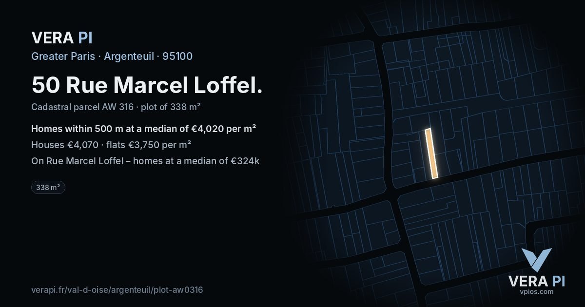 50 Rue Marcel Loffel, Argenteuil at night – the plot lit, the parcels around coloured by the prices near them