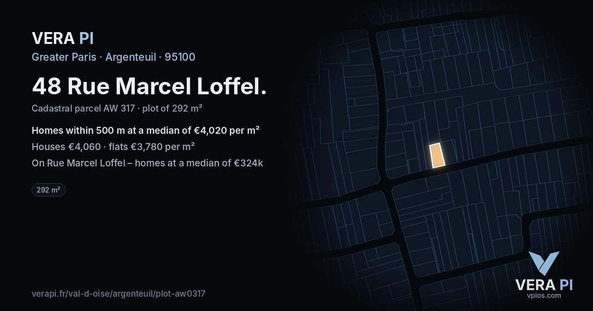 48 Rue Marcel Loffel, Argenteuil at night – the plot lit, the parcels around coloured by the prices near them