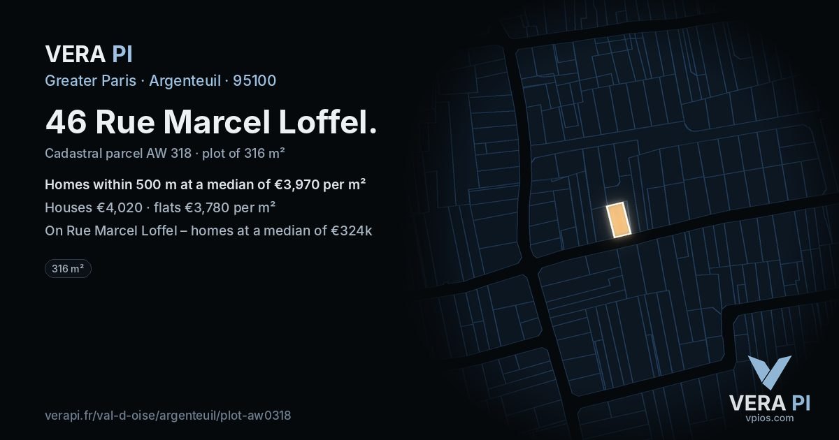 46 Rue Marcel Loffel, Argenteuil at night – the plot lit, the parcels around coloured by the prices near them