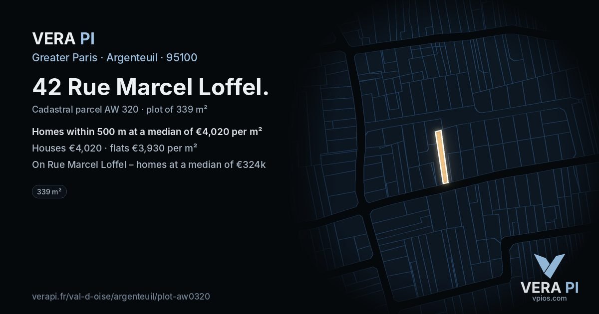 42 Rue Marcel Loffel, Argenteuil at night – the plot lit, the parcels around coloured by the prices near them