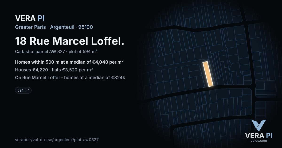 18 Rue Marcel Loffel, Argenteuil at night – the plot lit, the parcels around coloured by the prices near them