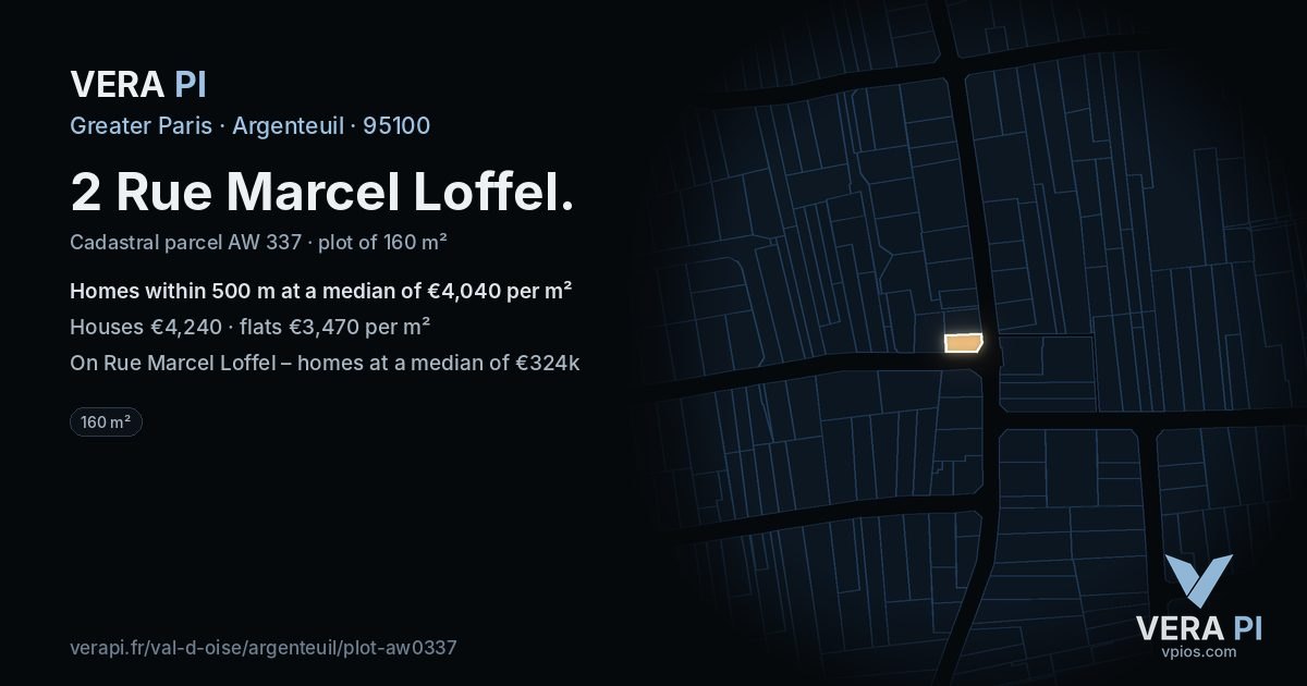 2 Rue Marcel Loffel, Argenteuil at night – the plot lit, the parcels around coloured by the prices near them