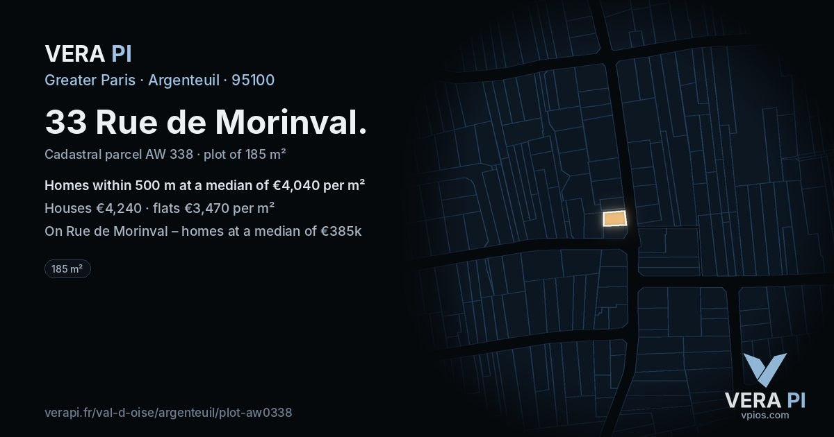 33 Rue de Morinval, Argenteuil at night – the plot lit, the parcels around coloured by the prices near them