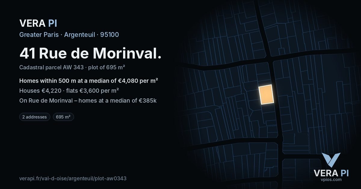 41 Rue de Morinval, Argenteuil at night – the plot lit, the parcels around coloured by the prices near them