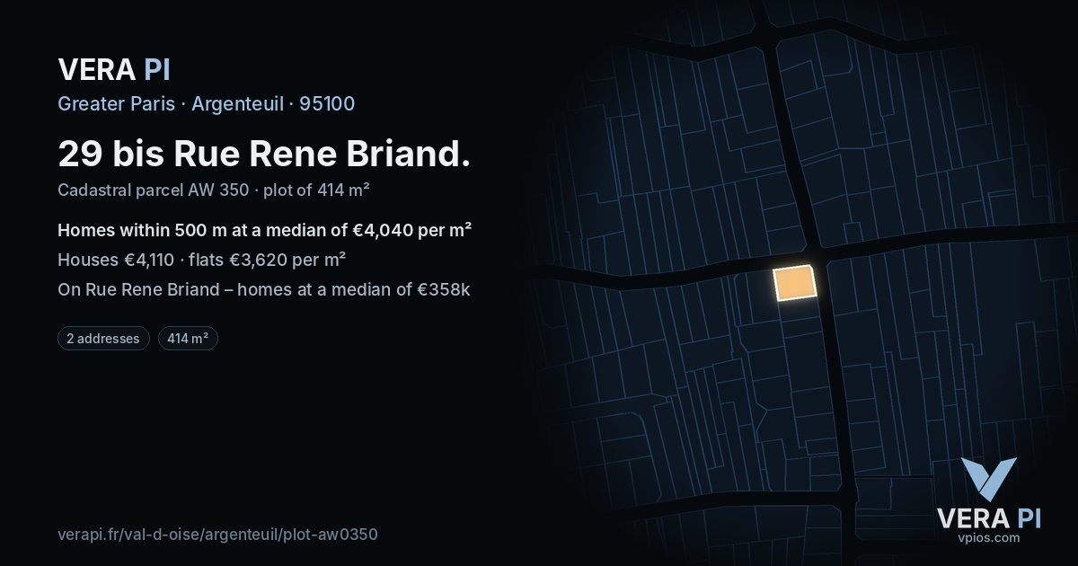 29 bis Rue Rene Briand, Argenteuil at night – the plot lit, the parcels around coloured by the prices near them
