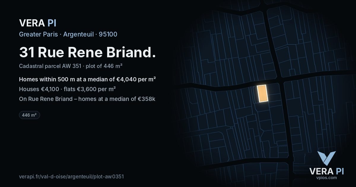 31 Rue Rene Briand, Argenteuil at night – the plot lit, the parcels around coloured by the prices near them