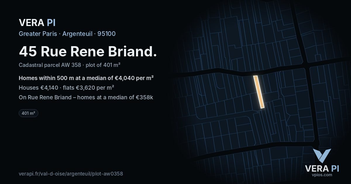 45 Rue Rene Briand, Argenteuil at night – the plot lit, the parcels around coloured by the prices near them