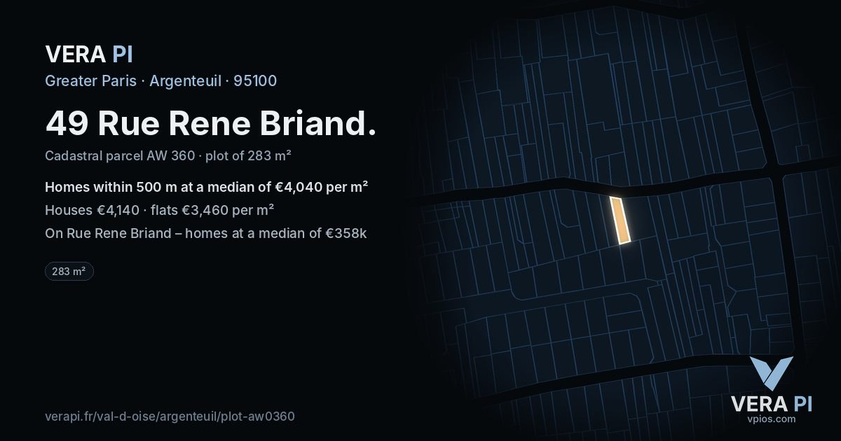 49 Rue Rene Briand, Argenteuil at night – the plot lit, the parcels around coloured by the prices near them