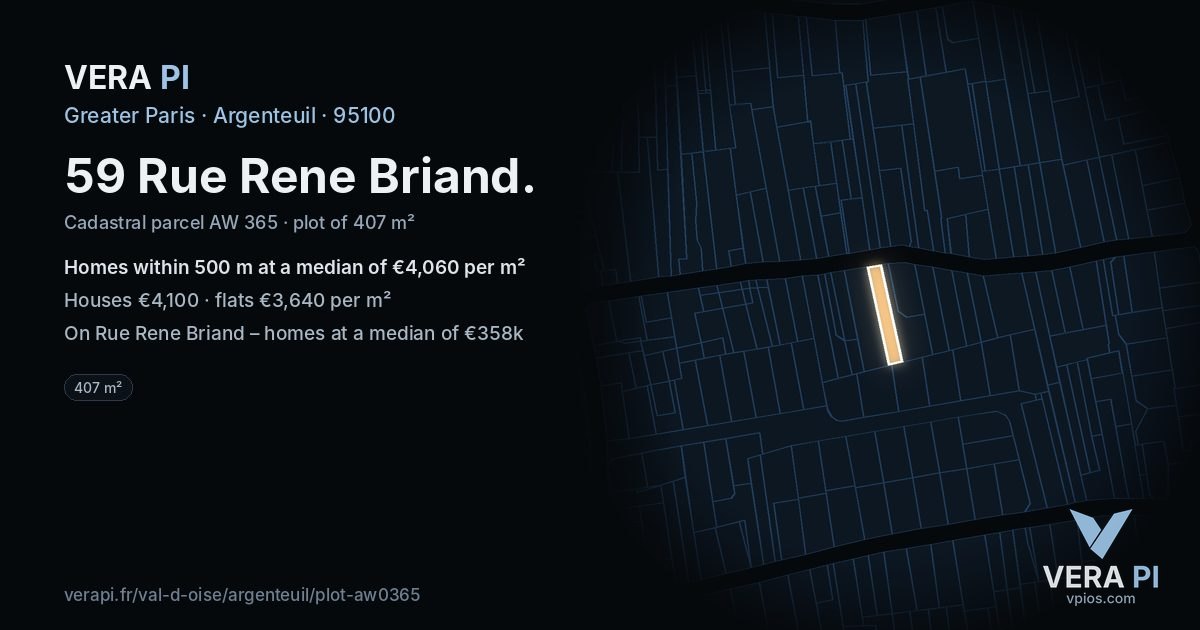 59 Rue Rene Briand, Argenteuil at night – the plot lit, the parcels around coloured by the prices near them