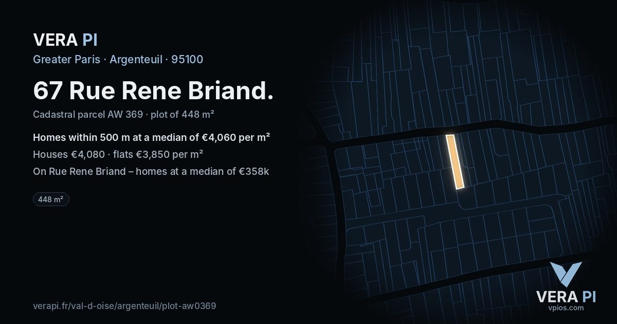 67 Rue Rene Briand, Argenteuil at night – the plot lit, the parcels around coloured by the prices near them