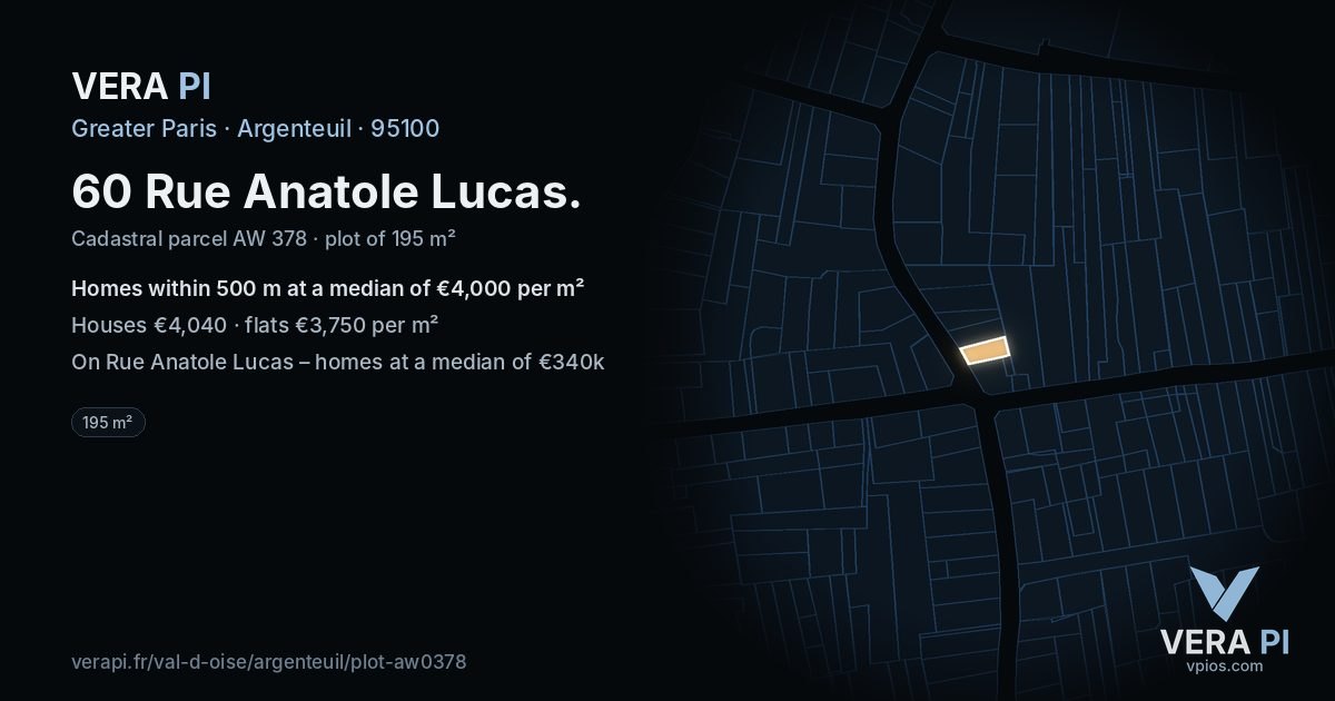 60 Rue Anatole Lucas, Argenteuil at night – the plot lit, the parcels around coloured by the prices near them