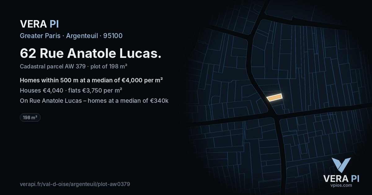 62 Rue Anatole Lucas, Argenteuil at night – the plot lit, the parcels around coloured by the prices near them