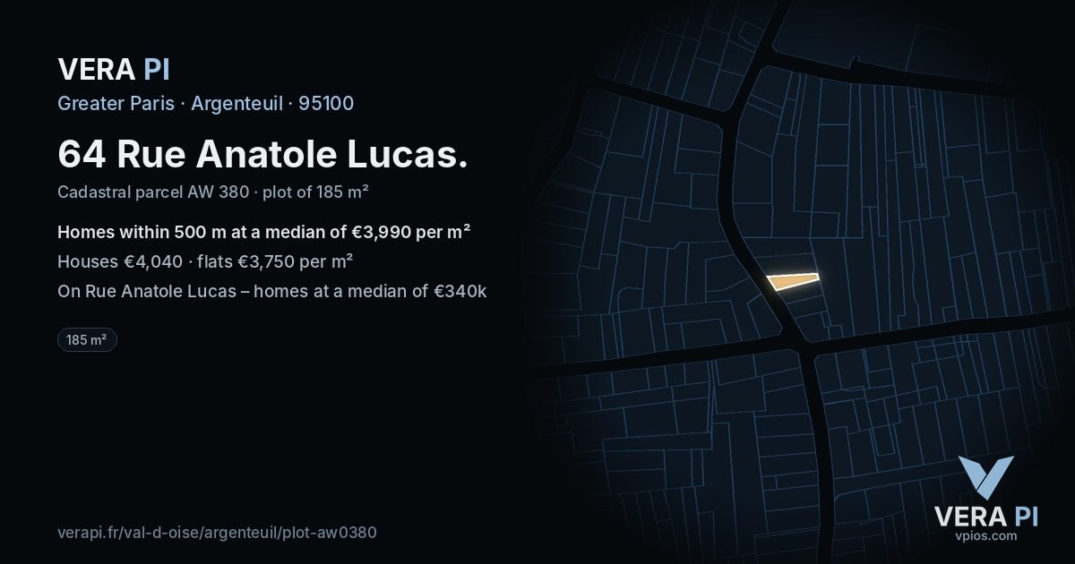 64 Rue Anatole Lucas, Argenteuil at night – the plot lit, the parcels around coloured by the prices near them