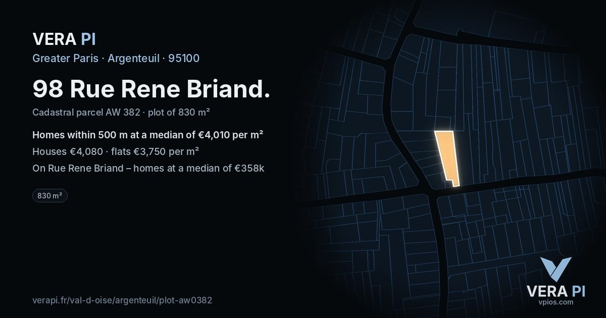 98 Rue Rene Briand, Argenteuil at night – the plot lit, the parcels around coloured by the prices near them