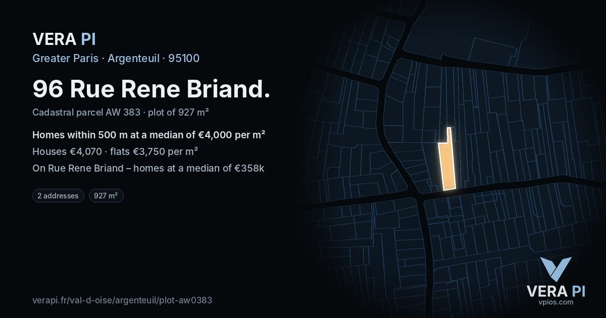 96 Rue Rene Briand, Argenteuil at night – the plot lit, the parcels around coloured by the prices near them