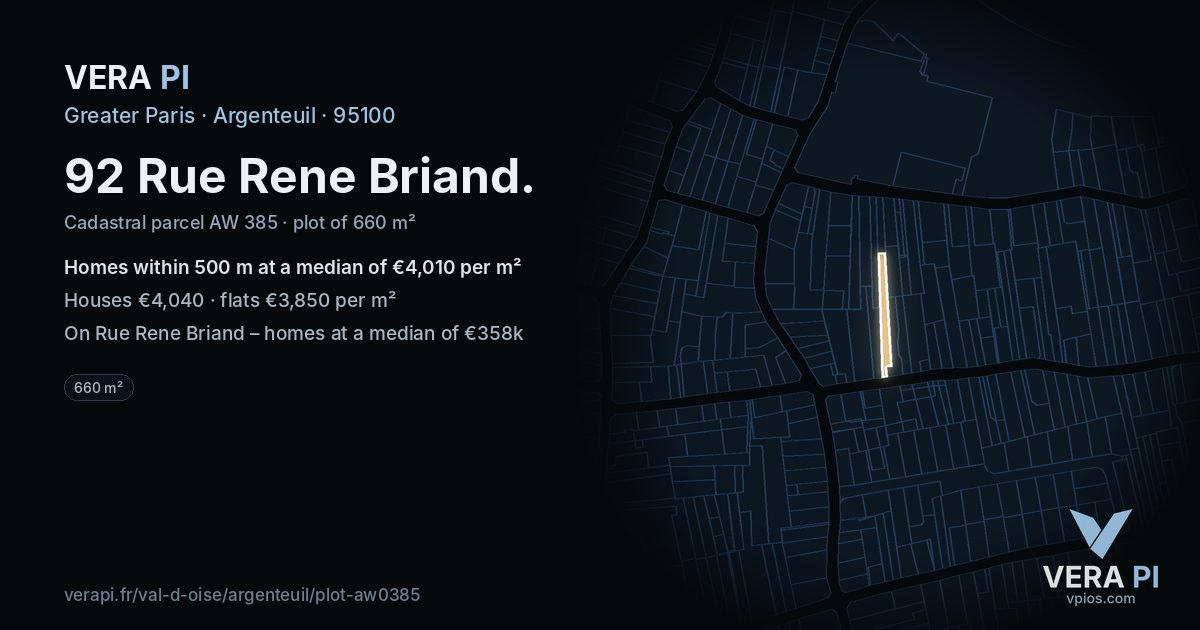 92 Rue Rene Briand, Argenteuil at night – the plot lit, the parcels around coloured by the prices near them