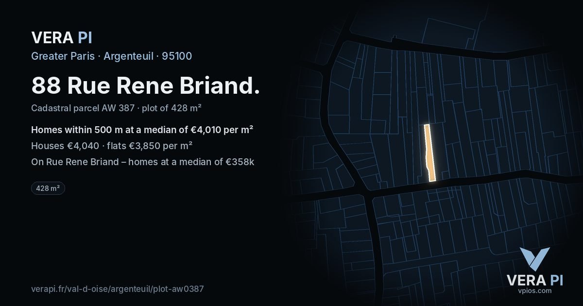 88 Rue Rene Briand, Argenteuil at night – the plot lit, the parcels around coloured by the prices near them