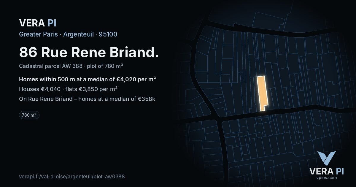 86 Rue Rene Briand, Argenteuil at night – the plot lit, the parcels around coloured by the prices near them