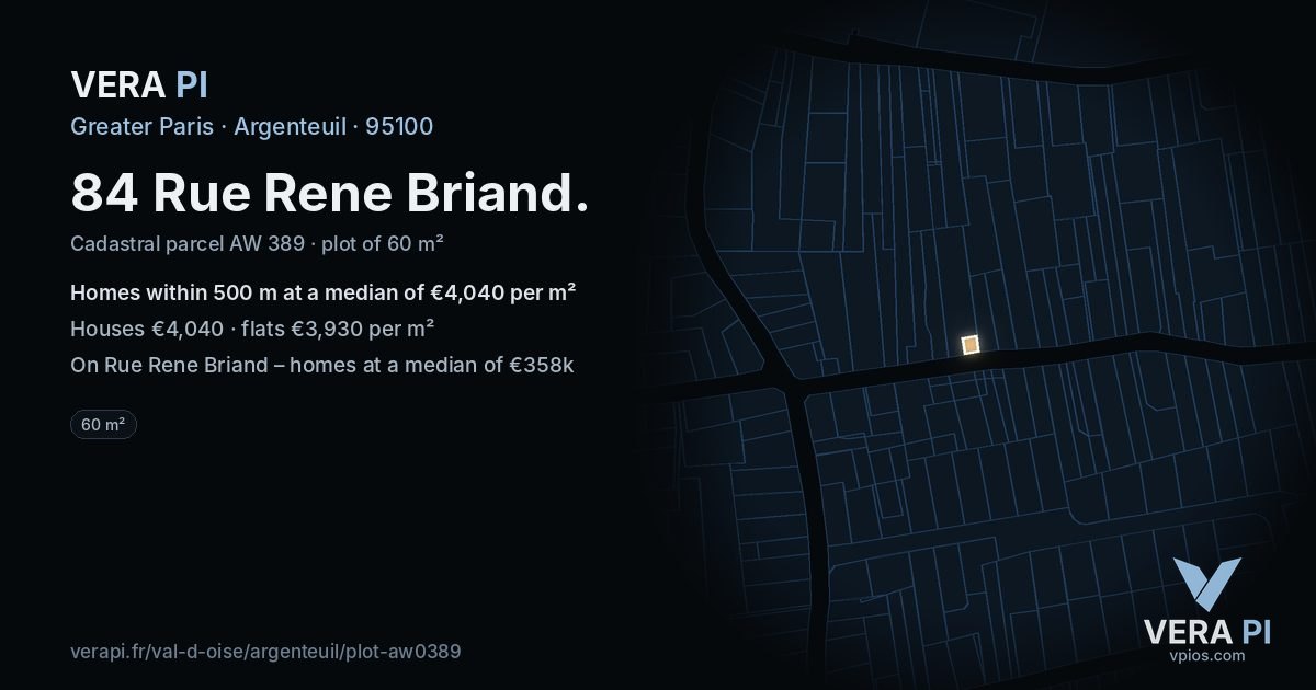 84 Rue Rene Briand, Argenteuil at night – the plot lit, the parcels around coloured by the prices near them