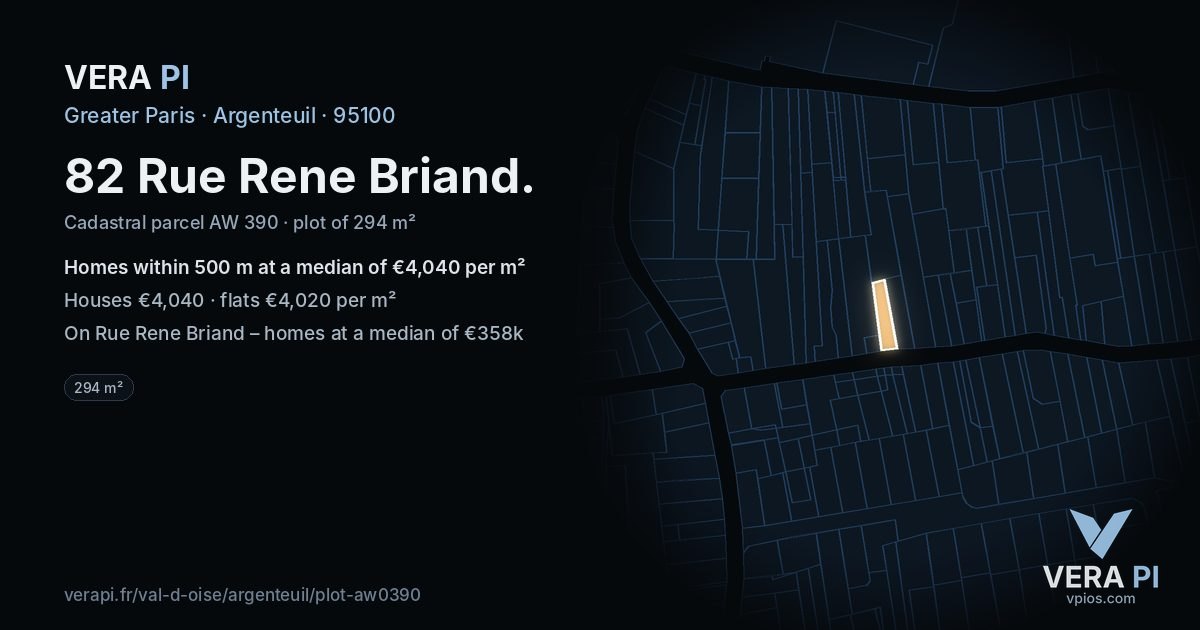 82 Rue Rene Briand, Argenteuil at night – the plot lit, the parcels around coloured by the prices near them