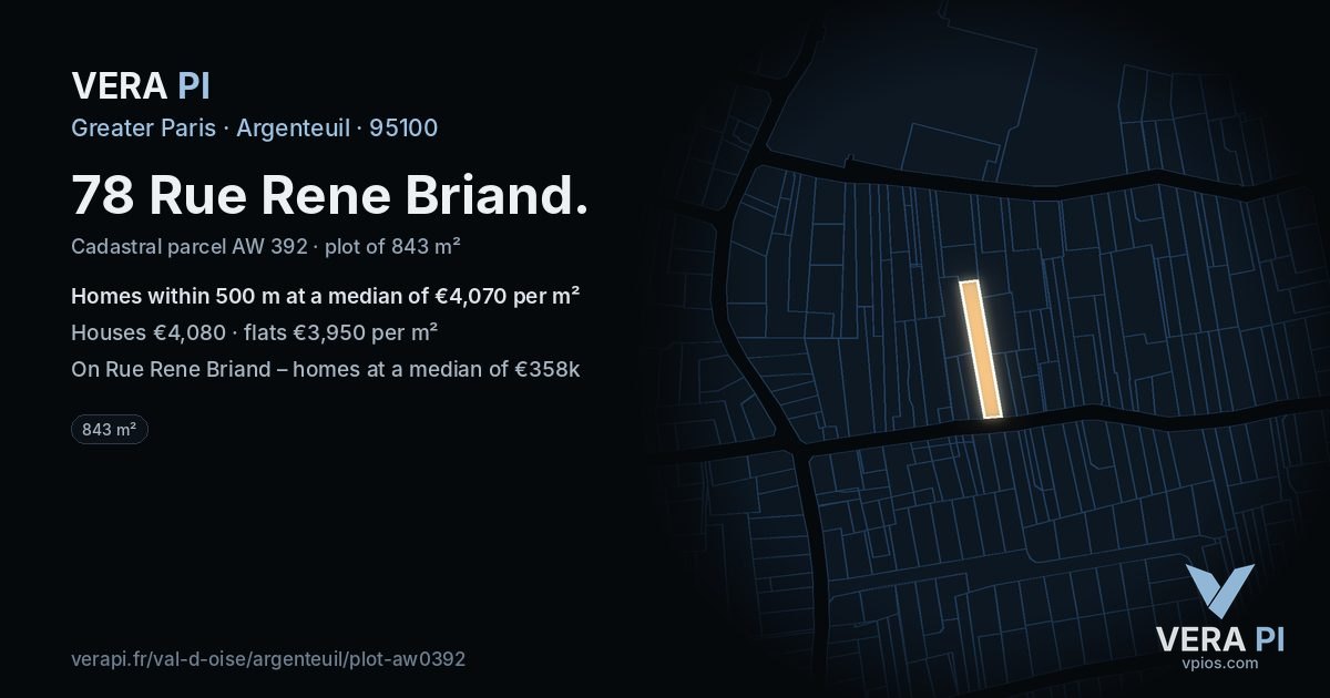 78 Rue Rene Briand, Argenteuil at night – the plot lit, the parcels around coloured by the prices near them