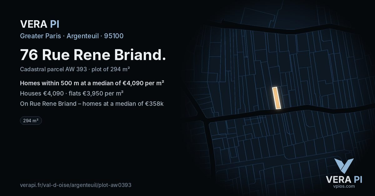 76 Rue Rene Briand, Argenteuil at night – the plot lit, the parcels around coloured by the prices near them