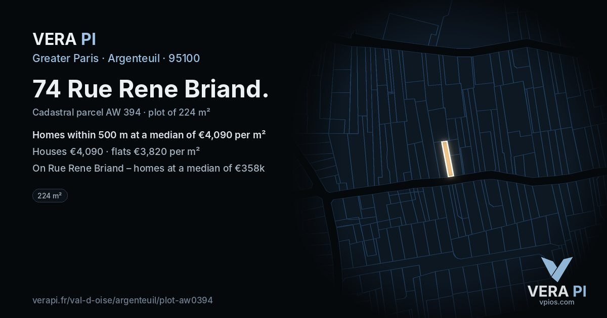 74 Rue Rene Briand, Argenteuil at night – the plot lit, the parcels around coloured by the prices near them