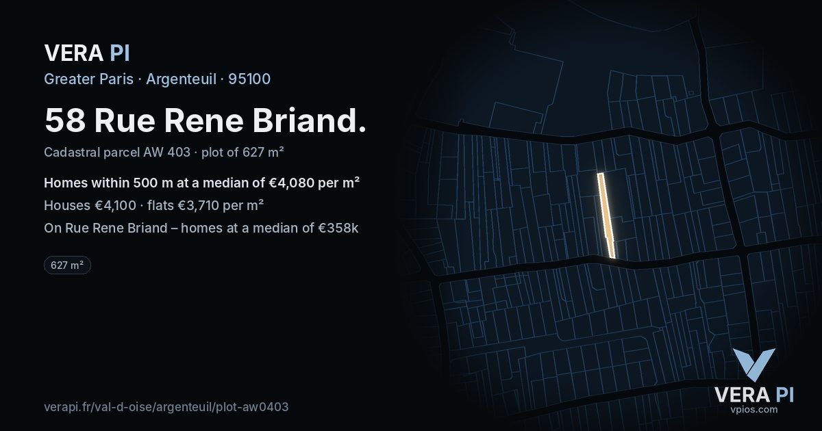 58 Rue Rene Briand, Argenteuil at night – the plot lit, the parcels around coloured by the prices near them