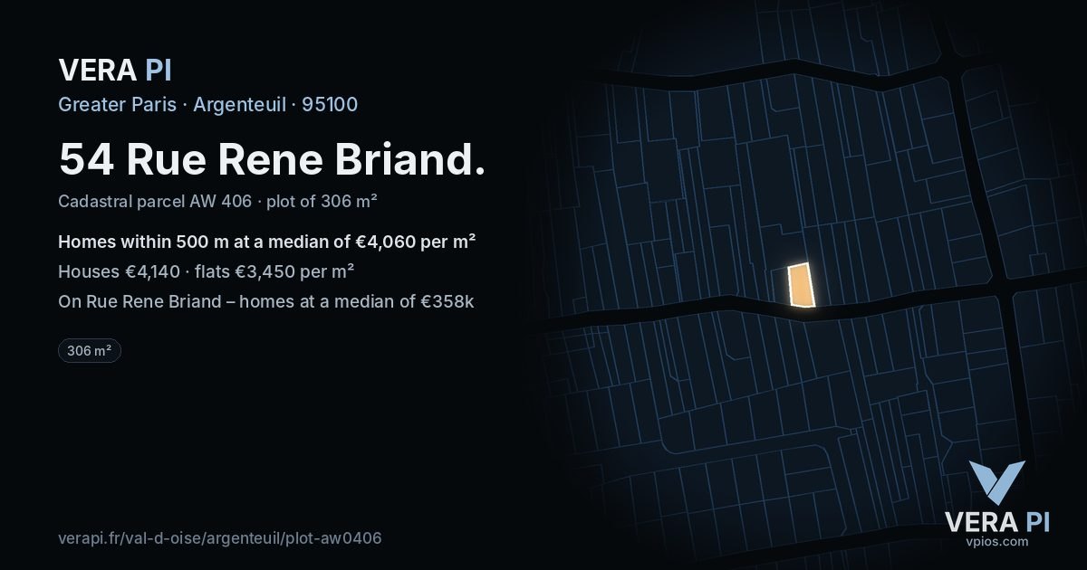 54 Rue Rene Briand, Argenteuil at night – the plot lit, the parcels around coloured by the prices near them