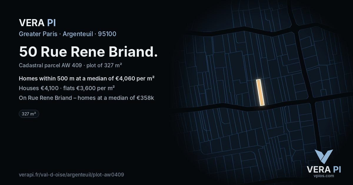50 Rue Rene Briand, Argenteuil at night – the plot lit, the parcels around coloured by the prices near them