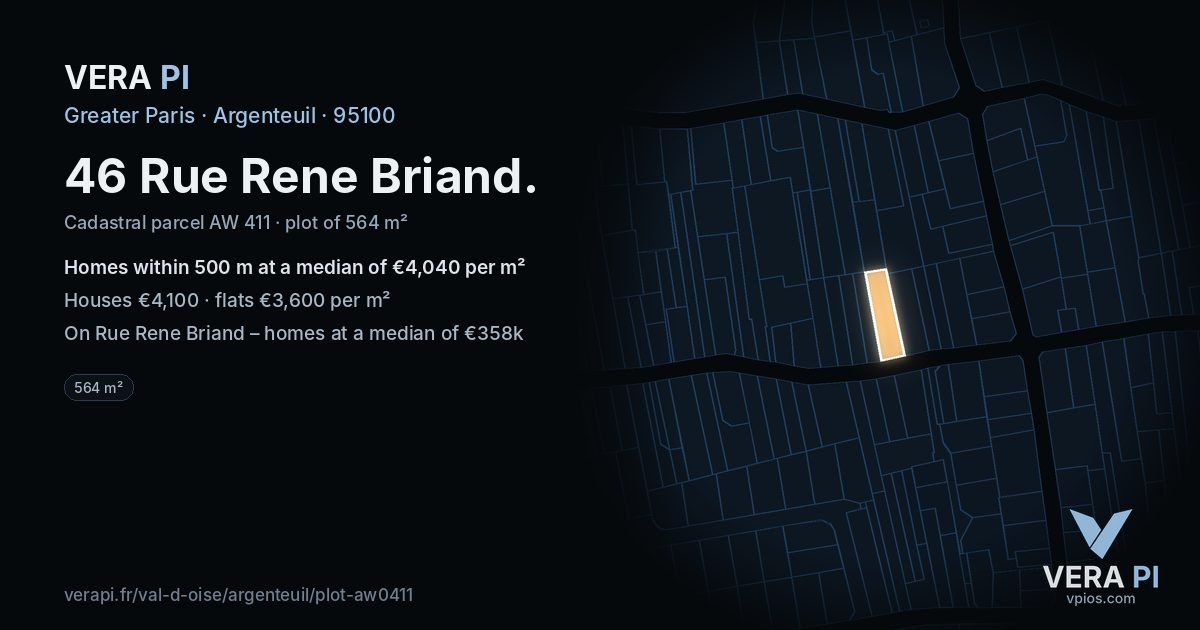 46 Rue Rene Briand, Argenteuil at night – the plot lit, the parcels around coloured by the prices near them