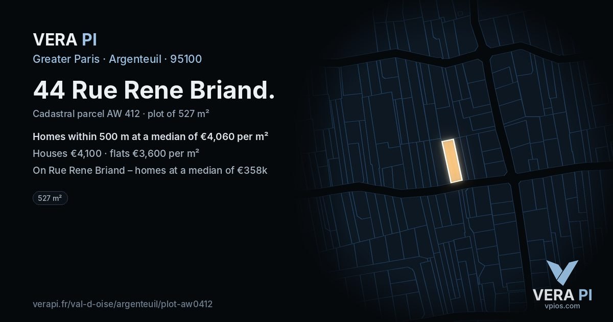44 Rue Rene Briand, Argenteuil at night – the plot lit, the parcels around coloured by the prices near them